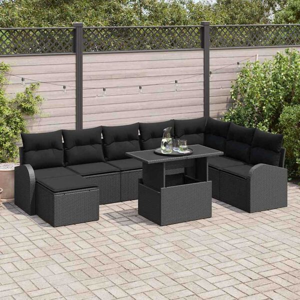 vidaXL Conjunto de Sof&aacute; de Jardim 9 pcs Preto Rattan Sint&eacute;tico