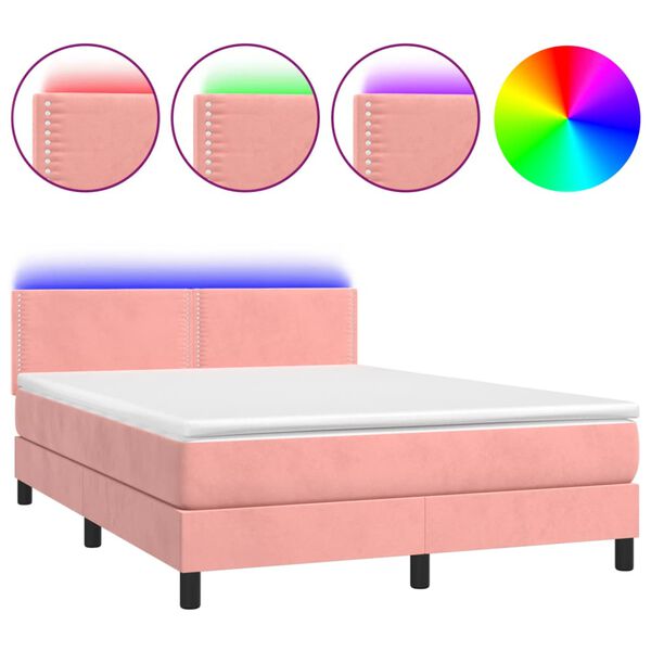 vidaXL Cama box spring c/ colch&atilde;o/LED 140x190 cm veludo rosa