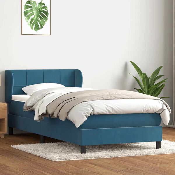 vidaXL Cama com molas/colch&atilde;o 100x220 cm veludo azul-escuro