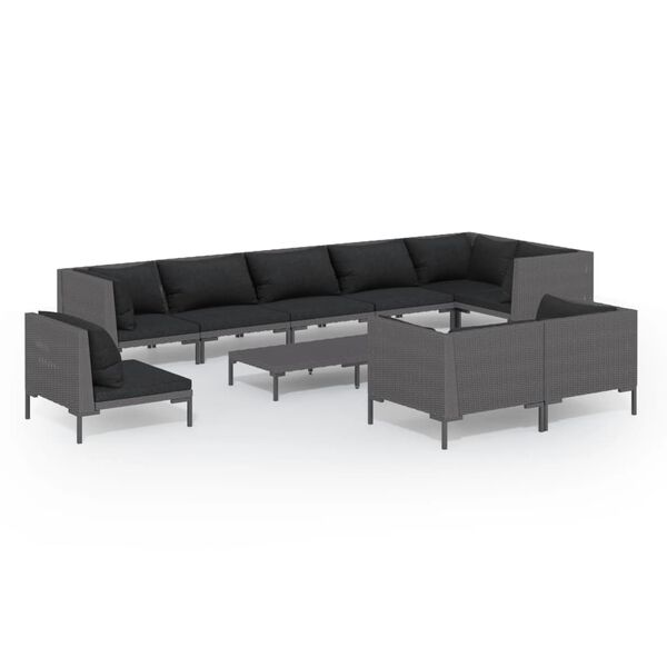 vidaXL 10 pcs conj. lounge jardim c/ almofad&otilde;es vime PE cinza-escuro