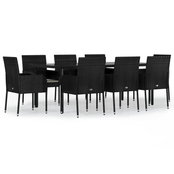 vidaXL 9 pcs conjunto de jantar p/ jardim c/ almofad&otilde;es vime PE preto
