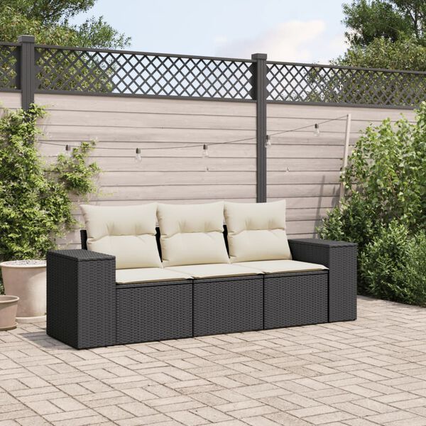 vidaXL 3 pcs conjunto sof&aacute;s de jardim com almofad&otilde;es vime PE preto