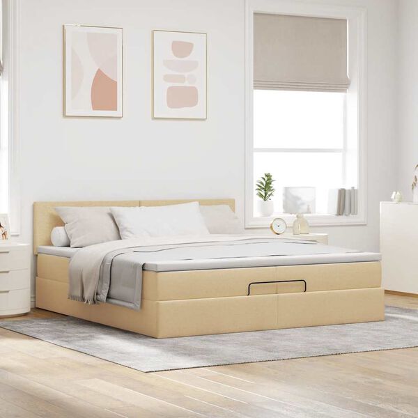 vidaXL Estrutura cama otomana com colch&atilde;o 200x200 cm tecido cor creme