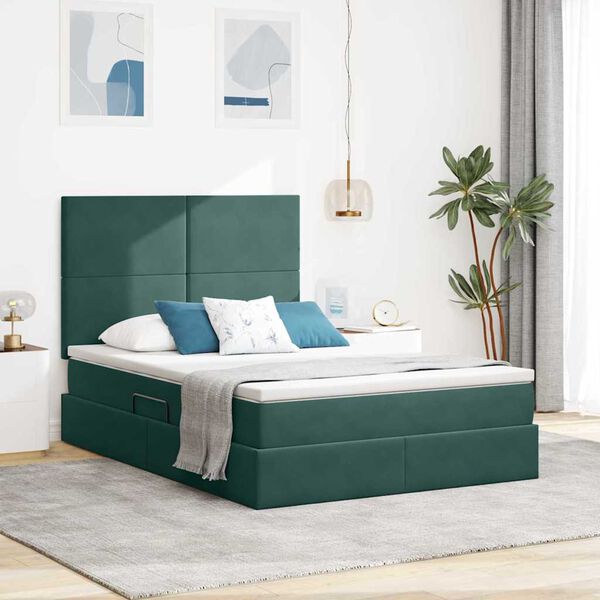 vidaXL Cama com arruma&ccedil;&atilde;o e colch&atilde;o Verde Escuro 140 x 190 cm Veludo