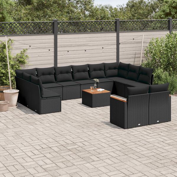 vidaXL 13 pcs conjunto de sof&aacute;s de jardim com almofad&otilde;es vime PE preto