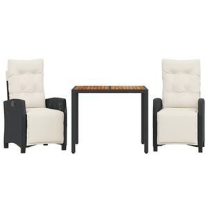 vidaXL 3 pcs conjunto de jantar p/ jardim c/ almofad&otilde;es vime PE preto