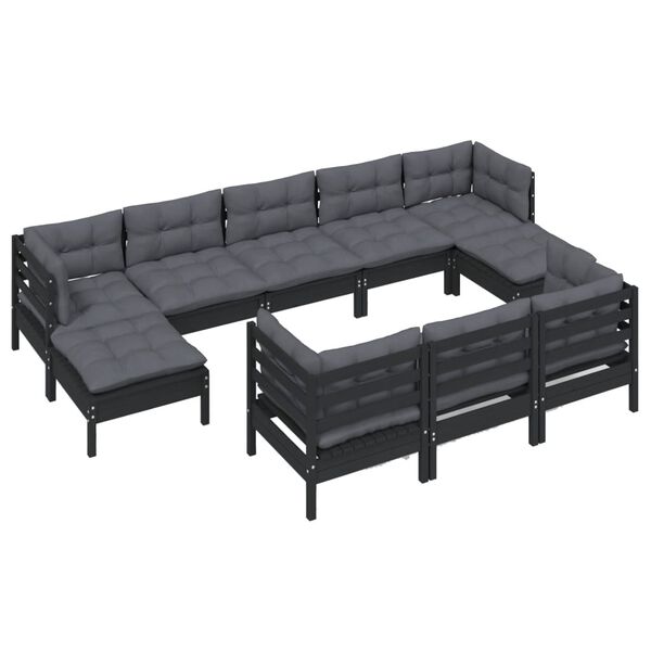 vidaXL 10 pcs conjunto lounge jardim c/ almofad&otilde;es pinho maci&ccedil;o preto