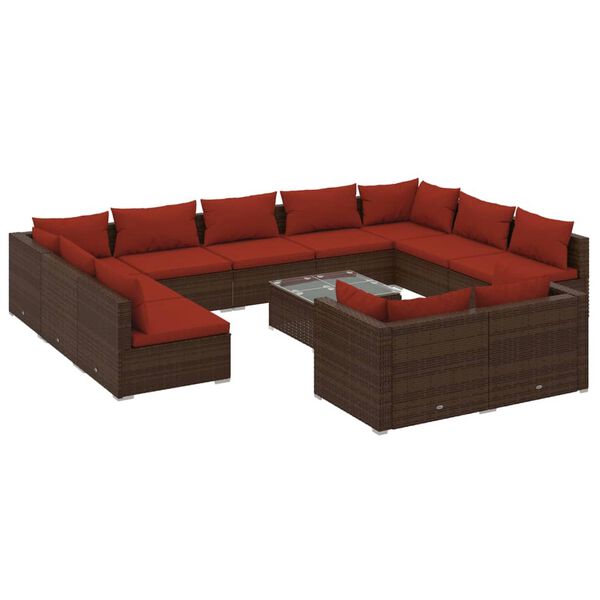 vidaXL 12 pcs conjunto lounge de jardim c/ almofad&otilde;es vime PE castanho