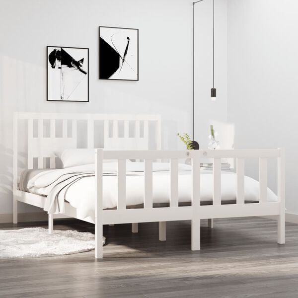 vidaXL Estrutura de cama casal 135x190 cm madeira maci&ccedil;a branco