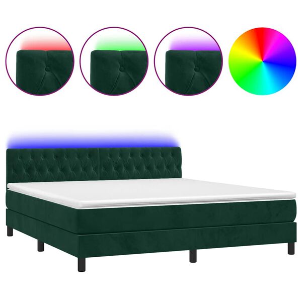 vidaXL Cama box spring c/ colch&atilde;o/LED 160x200 cm veludo verde-escuro