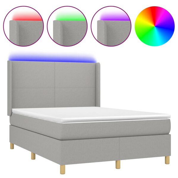 vidaXL Cama box spring c/ colch&atilde;o e LED 140x190 cm tecido cinza-claro