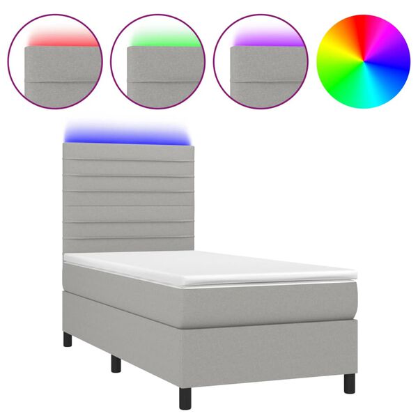 vidaXL Cama box spring c/ colch&atilde;o e LED 90x190 cm tecido cinza-claro