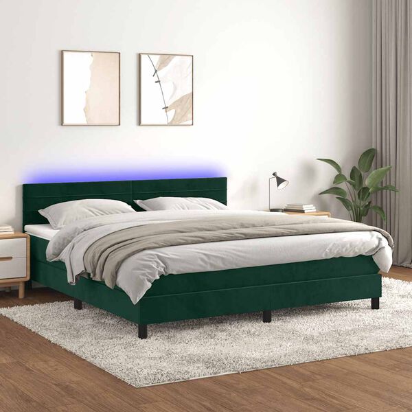 vidaXL Cama box spring c/ colch&atilde;o/LED 180x200 cm veludo verde-escuro