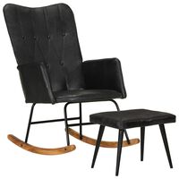 vidaXL Cadeira de baloiço com apoio de pés couro genuíno preto