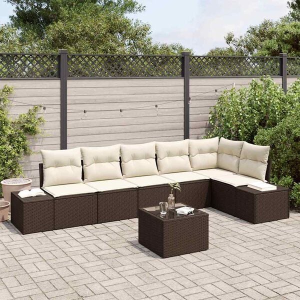 vidaXL Conjunto de Sof&aacute; de Jardim 7 pcs Marrom e Creme vime PE