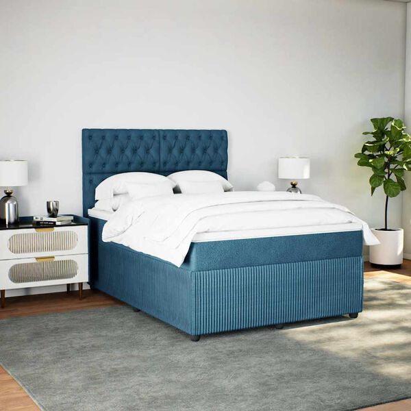 vidaXL Cama com molas/colch&atilde;o 140x190 cm veludo azul-escuro