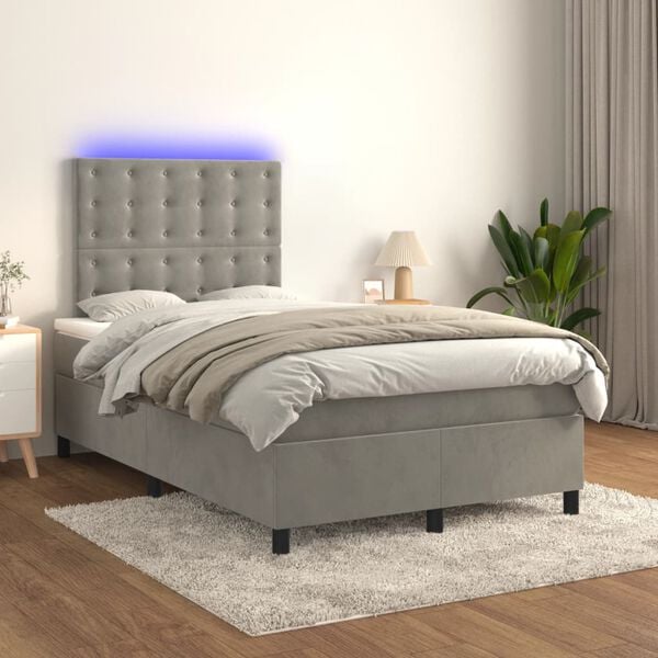 vidaXL Cama box spring c/ colch&atilde;o/LED 120x200 cm veludo cinzento-claro