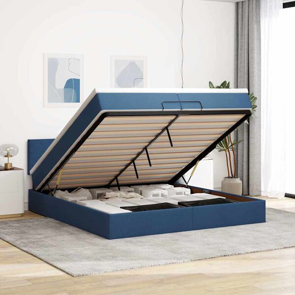 vidaXL Estrutura de cama otomana com colch&otilde;es 200x200cm tecido azul