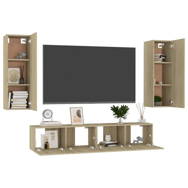 vidaXL 4pcs conjunto m&oacute;veis de TV derivados de madeira carvalho sonoma