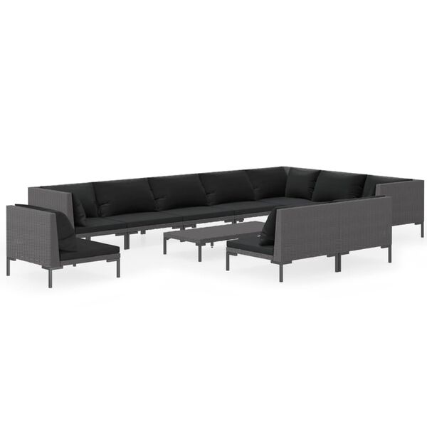 vidaXL 11 pcs conj. lounge jardim c/ almofad&otilde;es vime PE cinza-escuro