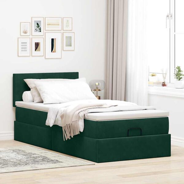 Estrutura de cama otomana vidaXL com colch&atilde;o verde escuro Veludo