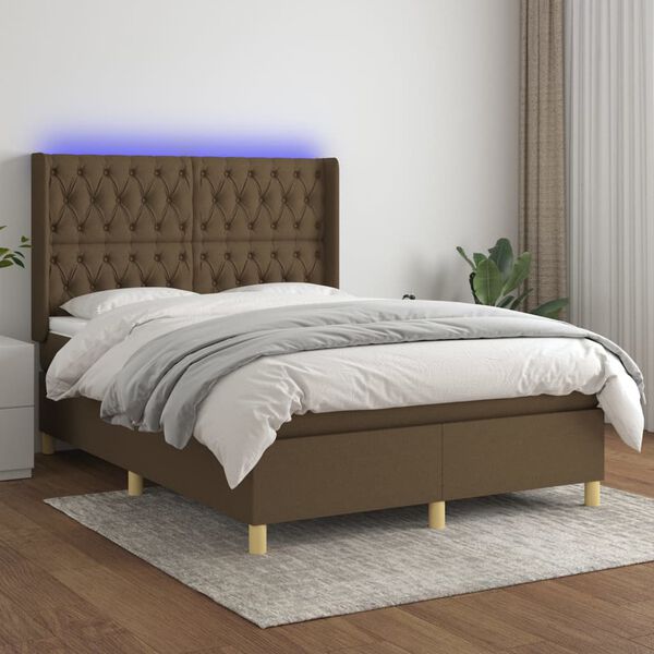 vidaXL Cama box spring c/ colch&atilde;o/LED 140x190cm tecido castanho-escuro