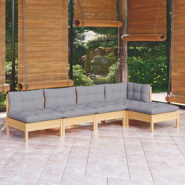 vidaXL 5 pcs conjunto lounge de jardim c/ almofad&otilde;es cinzentos pinho