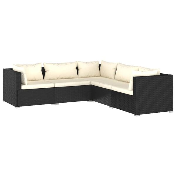 vidaXL 5 pcs conjunto lounge de jardim c/ almofadões vime PE preto