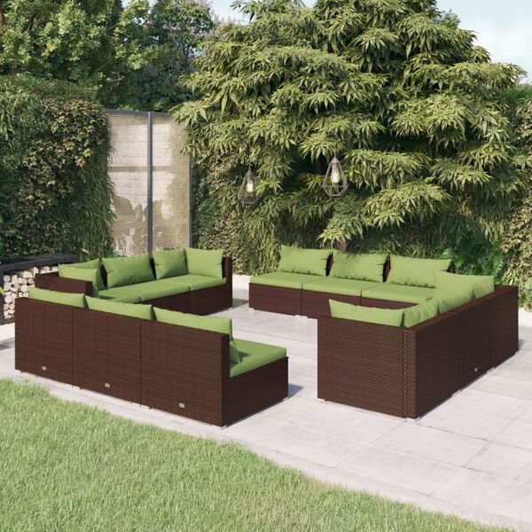 vidaXL 12 pcs conjunto lounge jardim c/ almofadões vime PE castanho
