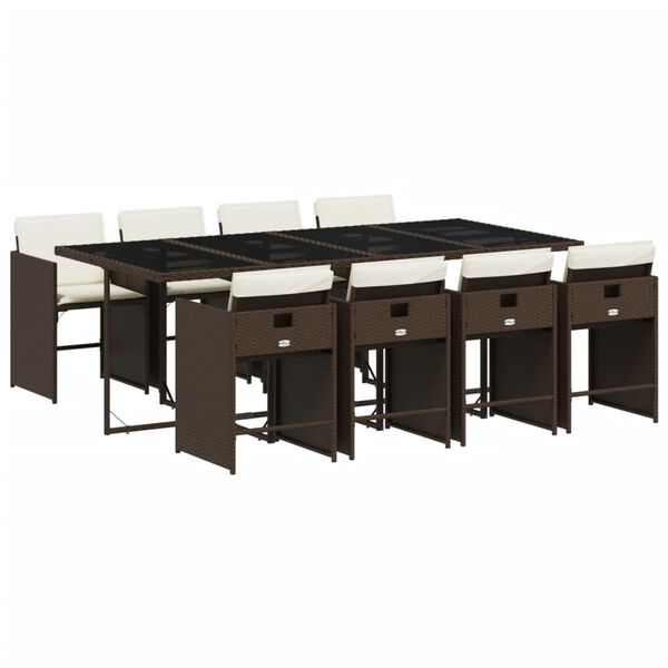 vidaXL 9 pcs conjunto jantar p/ jardim c/ almofad&otilde;es vime PE castanho