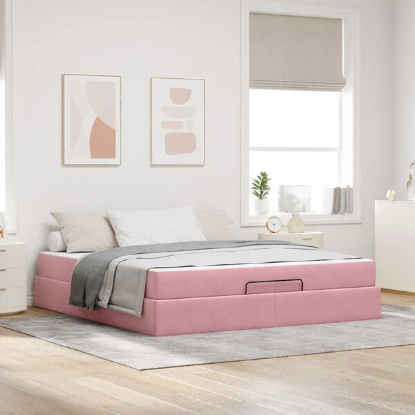 vidaXL Estrutura de cama com colch&atilde;o com colch&atilde;o 2 pcs Rosa Veludo