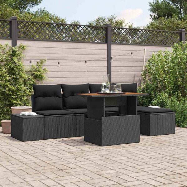 vidaXL Conjunto de Sof&aacute; de Jardim 6 pcs Preto Rattan Sint&eacute;tico