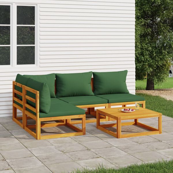 vidaXL 5 pcs conj. lounge jardim madeira c/almofad&otilde;es verdes