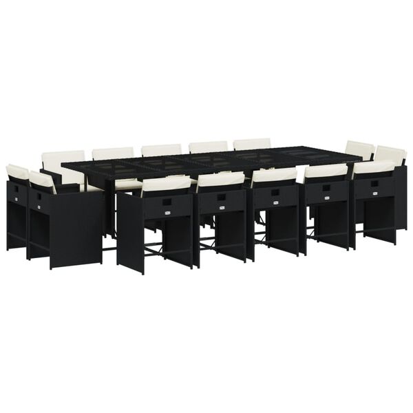 vidaXL 15 pcs conjunto de jantar p/jardim com almofad&otilde;es vime PE preto