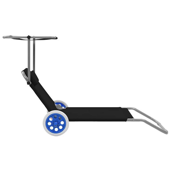 vidaXL Espregui&ccedil;adeira dobr&aacute;vel com toldo e rodas a&ccedil;o preto