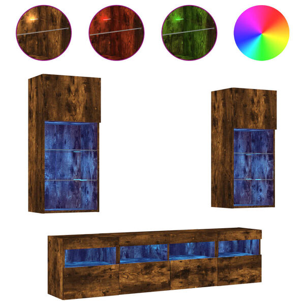 vidaXL 5pcs m&oacute;veis parede p/ TV c/ LEDs deriv. madeira carvalho fumado