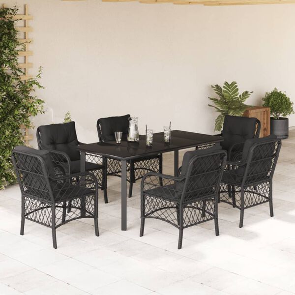 vidaXL 7 pcs conjunto de jantar p/ jardim c/ almofad&otilde;es vime PE preto