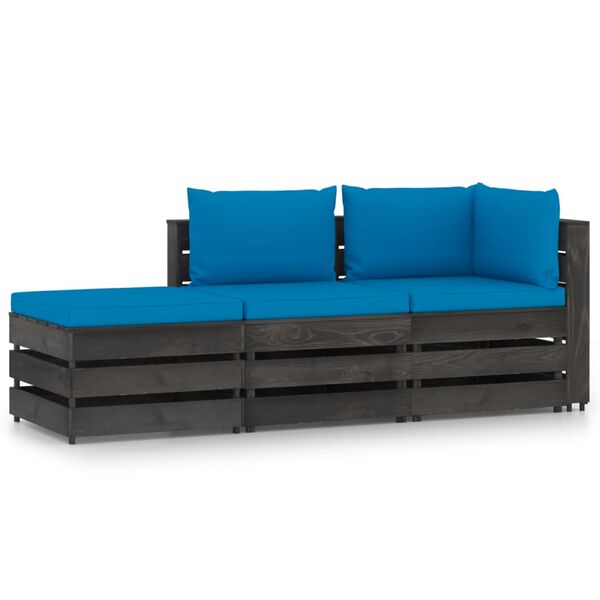 vidaXL 3 pcs conj. lounge jardim + almofad&otilde;es madeira impreg. cinzento