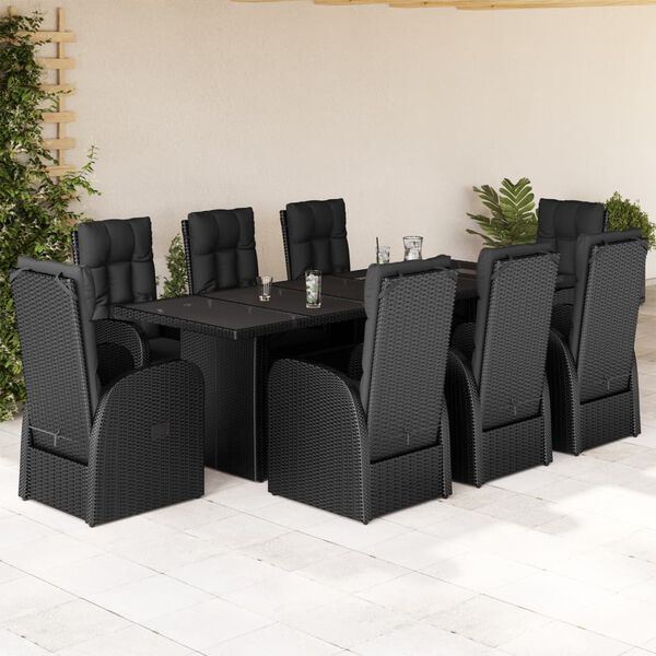 vidaXL 9 pcs conjunto de jantar p/ jardim c/ almofad&otilde;es vime PE preto