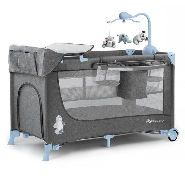 Kinderkraft Cama de beb&eacute; dobr&aacute;vel JOY com acess&oacute;rios azul e cinzento