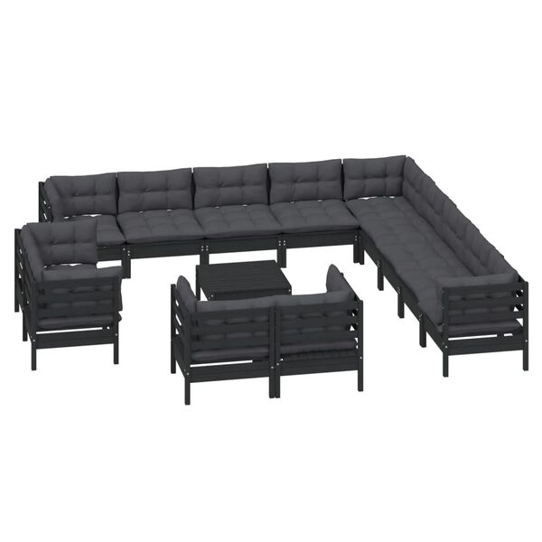 vidaXL 14 pcs conjunto lounge jardim c/ almofad&otilde;es pinho maci&ccedil;o preto