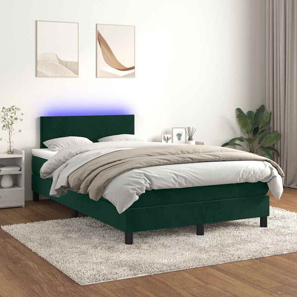 vidaXL Cama box spring c/ colch&atilde;o/LED 120x200 cm veludo verde-escuro