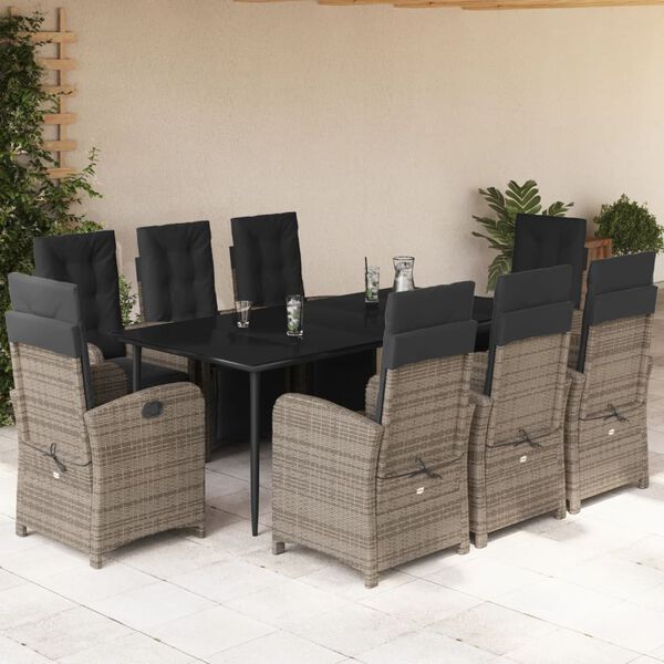vidaXL 9 pcs conjunto de jantar p/ jardim c/ almofad&otilde;es vime PE cinza