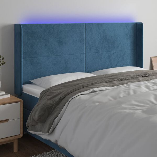 vidaXL Cabeceira cama c/ luzes LED veludo 183x16x118/128cm azul-escuro