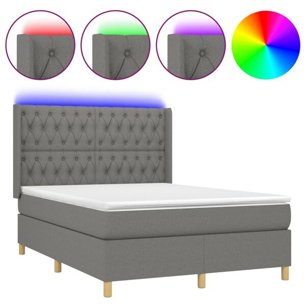 vidaXL Cama box spring c/ colch&atilde;o e LED 140x190 cm tecido cinza-escuro