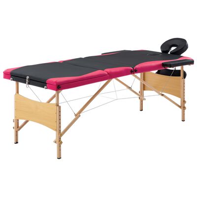 vidaXL Mesa de massagens dobrável 3 zonas madeira preto e rosa