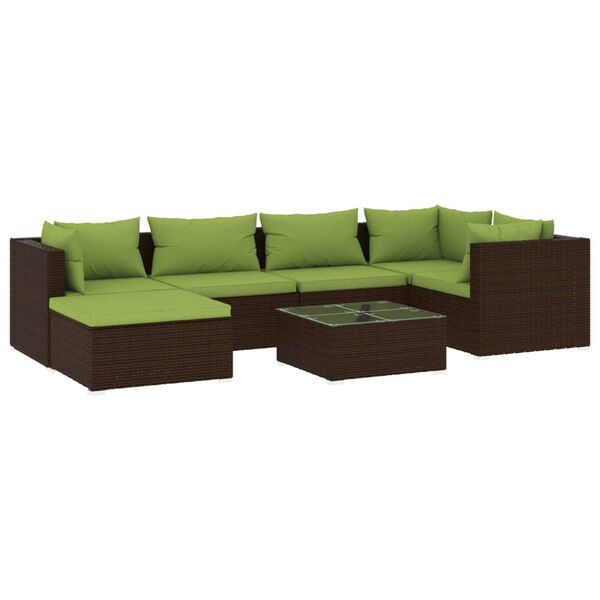 vidaXL 7 pcs conjunto lounge jardim c/ almofad&otilde;es vime PE castanho