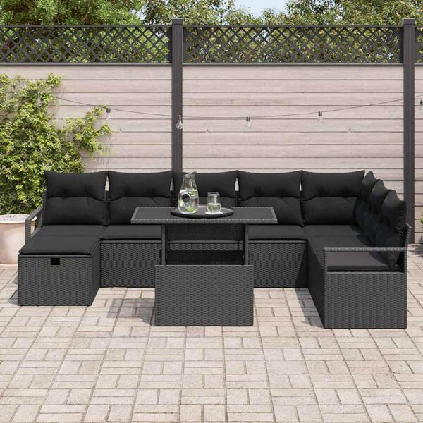 vidaXL Conjunto de Sof&aacute; de Jardim 9 pcs Preto Rattan Sint&eacute;tico