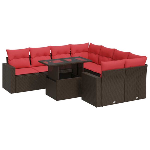 vidaXL 9 pcs conj. sof&aacute;s jardim c/ almofad&otilde;es vime PE/ac&aacute;cia castanho