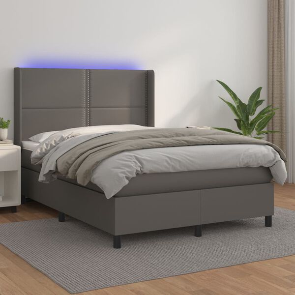 vidaXL Cama box spring c/ colchão/LED 140x200cm couro artificial cinza